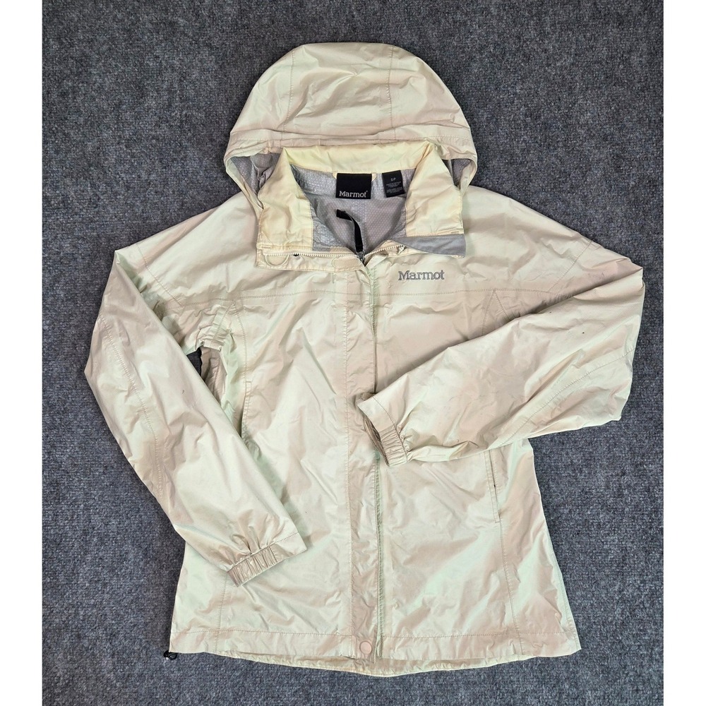 Marmot Rain Jacket Womens Small Beige Hooded Full Zip Outdoor Shell